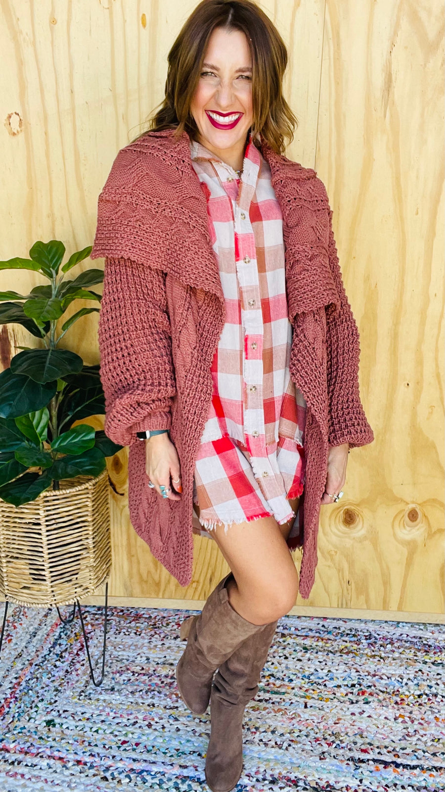 Hayride Honey Plaid Oversized Flannel Dress- Red or Brown Mix