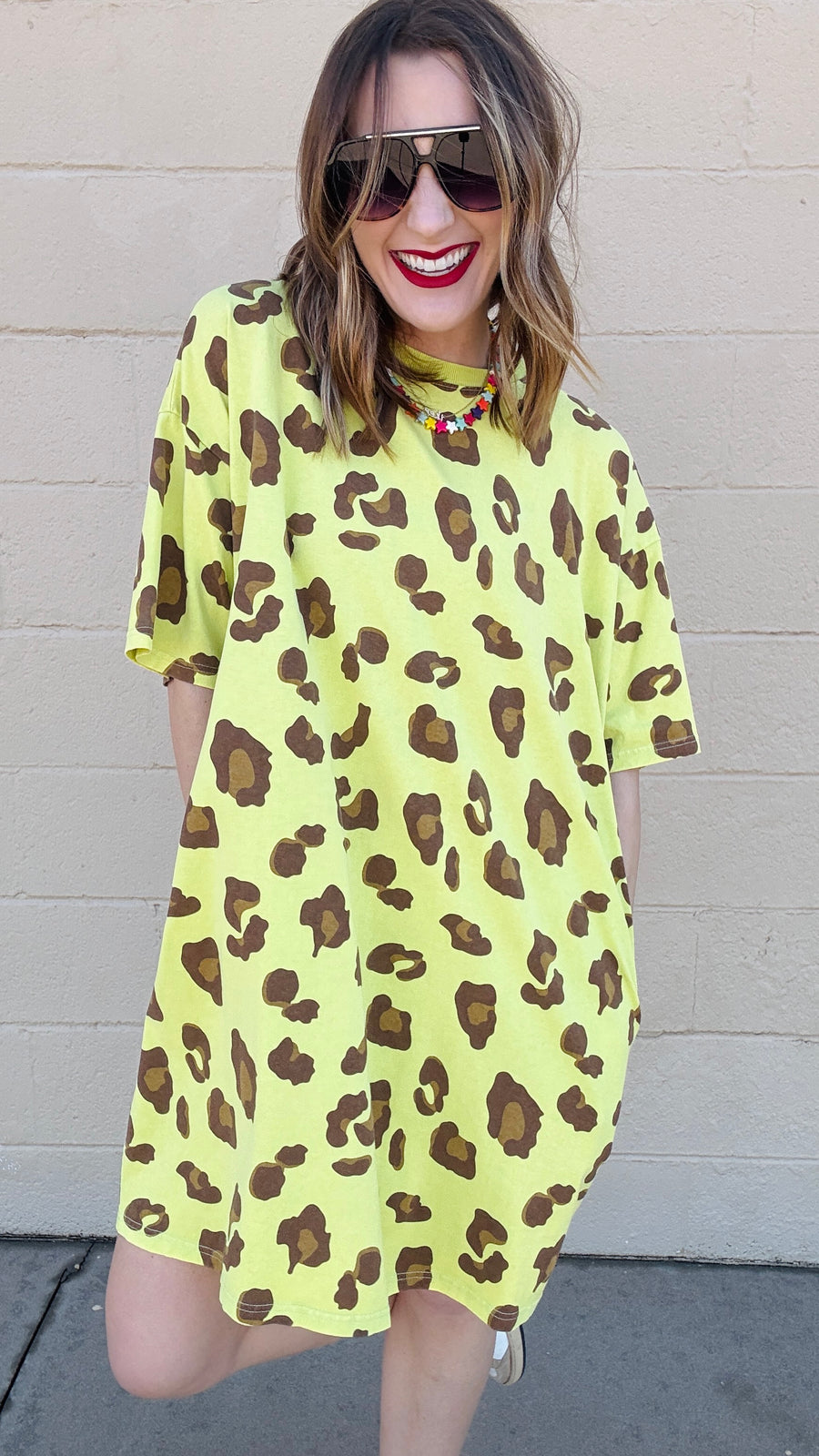 Emma leopard Print T-Shirt Dress- Neon Pineapple