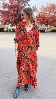 Boho Beauty Mixed Floral Maxi Dress- Black Mix