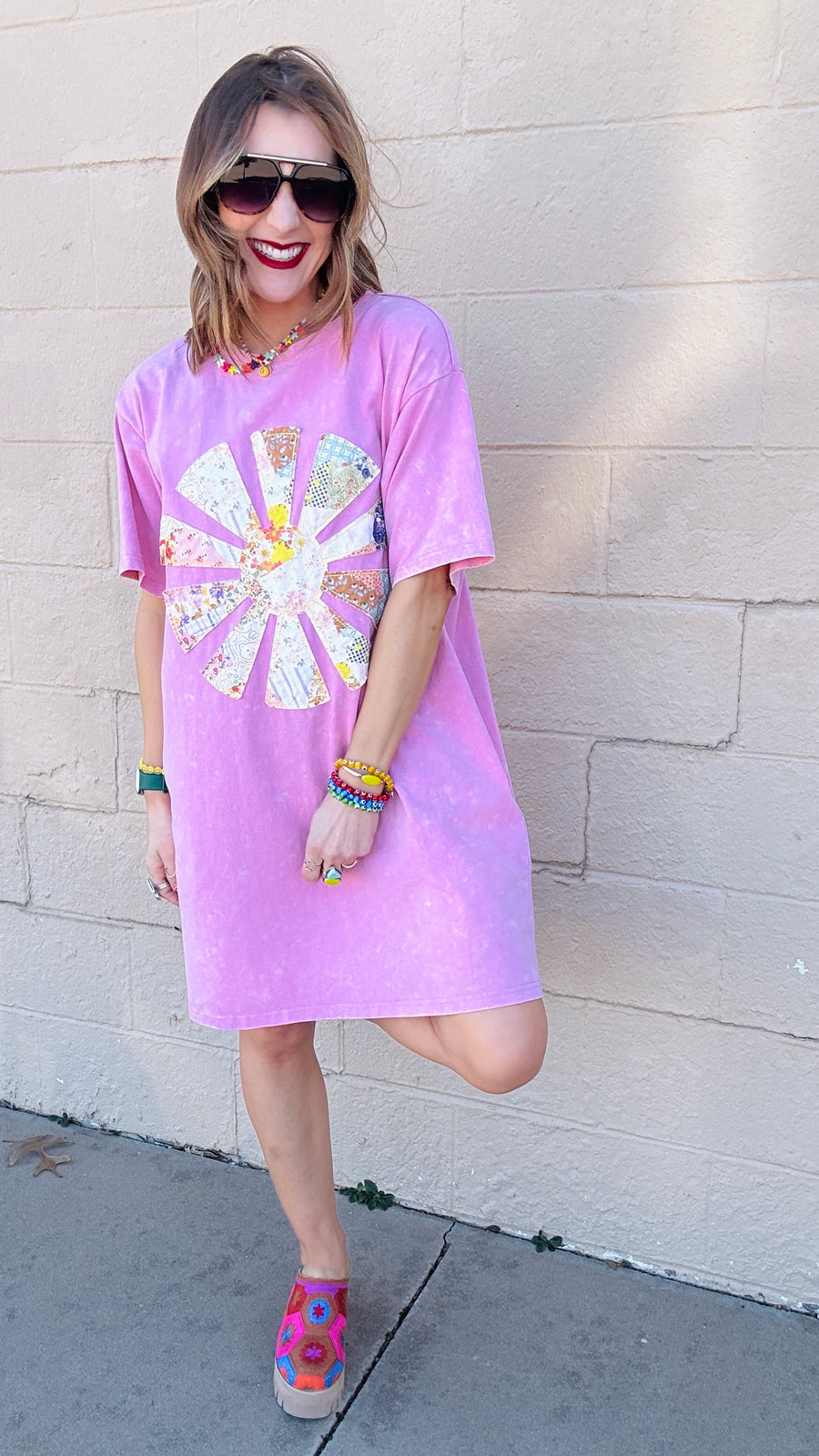 Sunshine Sweetie Patchwork T-Shirt Dress-Pink