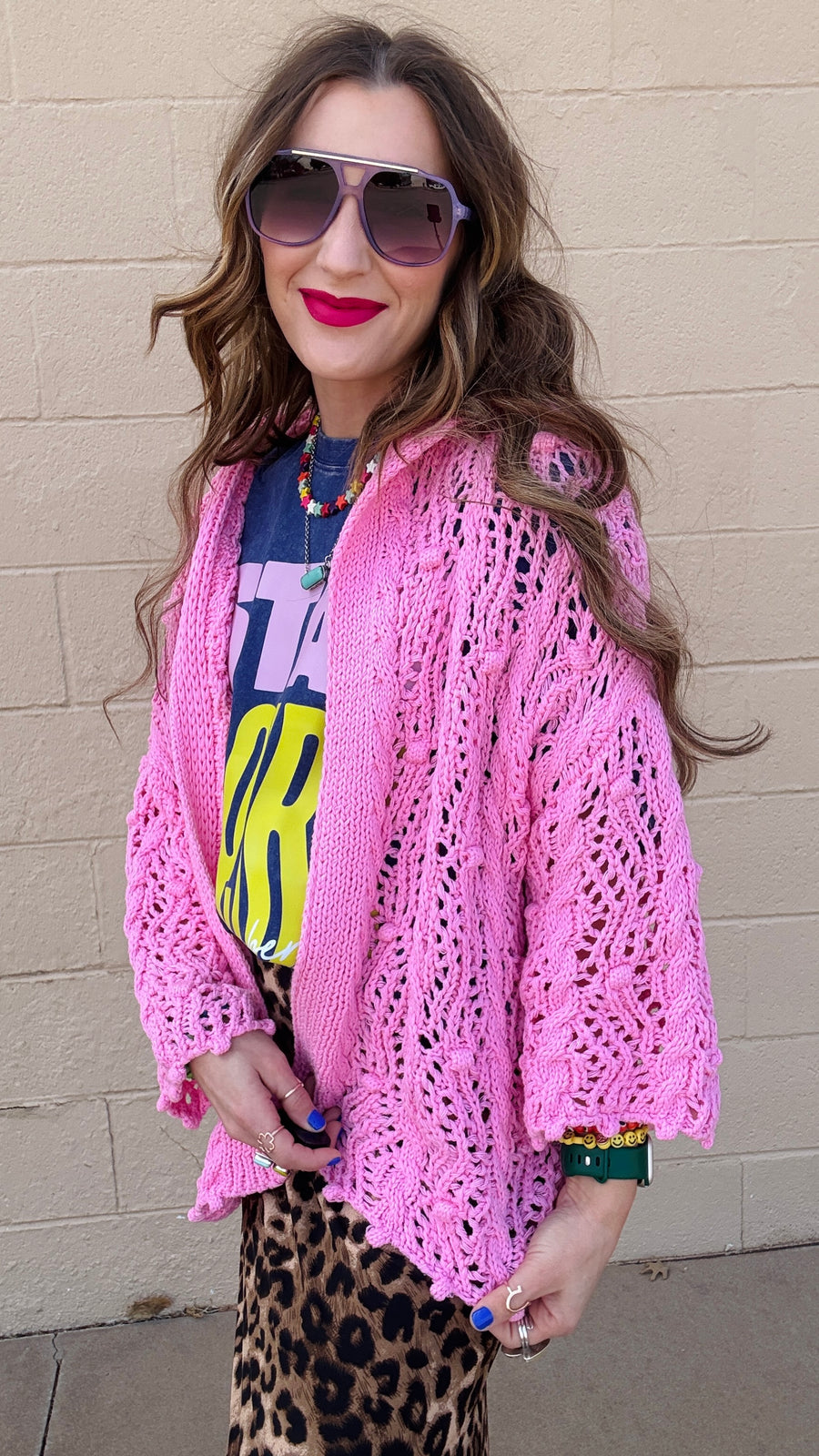 Skyline Breeze Crochet Cardigan-Bubblegum Pink