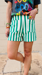 Wrenlee Waffle Knit Striped Shorts- Green & White