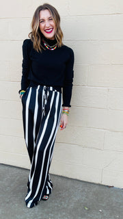 Satin Stroll Striped Wide Leg Pants- Black