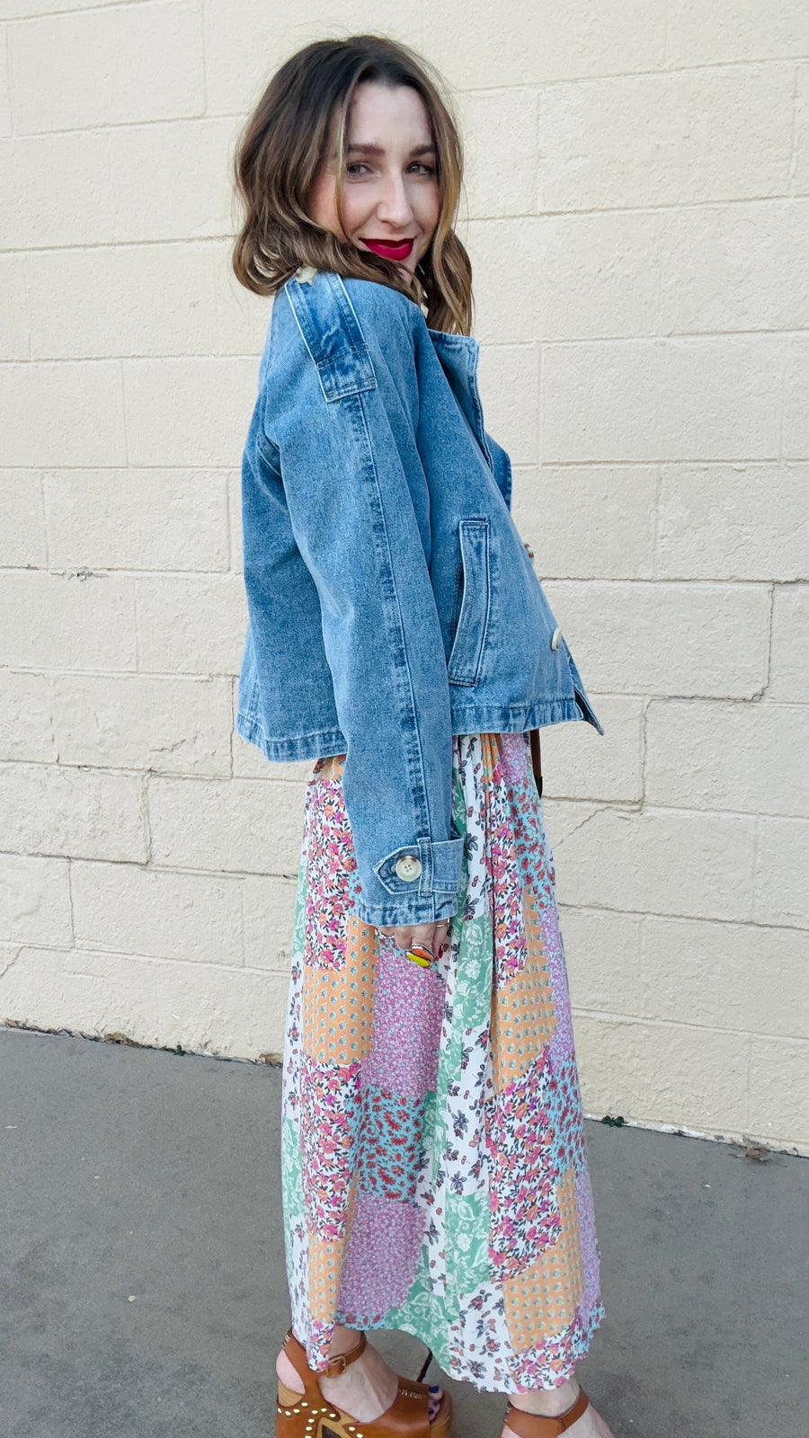 Double Breasted Cropped Denim Jacket- Light Wash