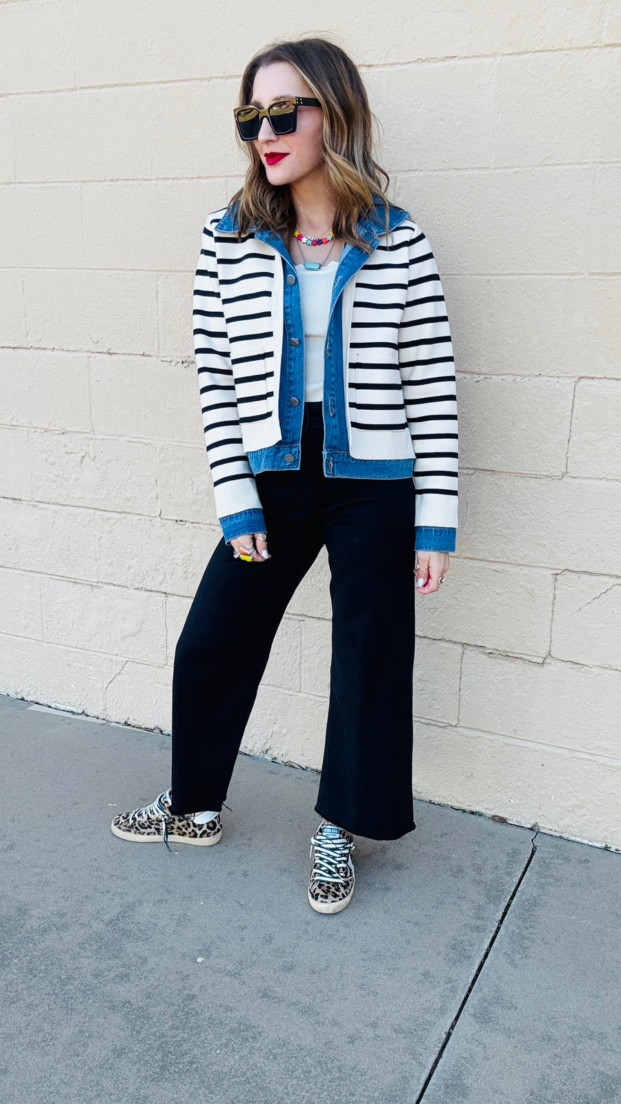 Denim and Striped Mixed Material Jacket