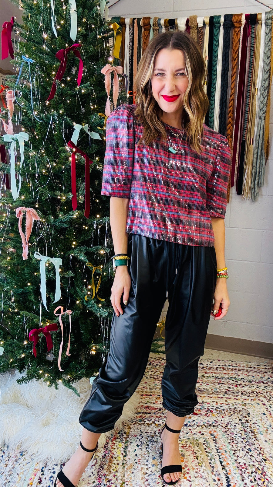 Jingle Bell Rock Sequins Plaid Top - Burgundy Mix