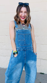 Molly Wide Barrel Leg Denim Overalls- Medium Wash