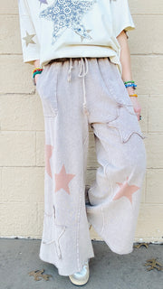 Superstar Distressed Patchwork Wide Leg Pants - Latte