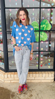 Gimmie Love Heart Stamped Oversized Tee- Blue