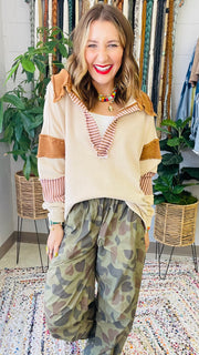 Cozy Fall Pattern Block Distressed Pullover- Taupe Combo