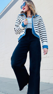 Denim and Striped Mixed Material Jacket