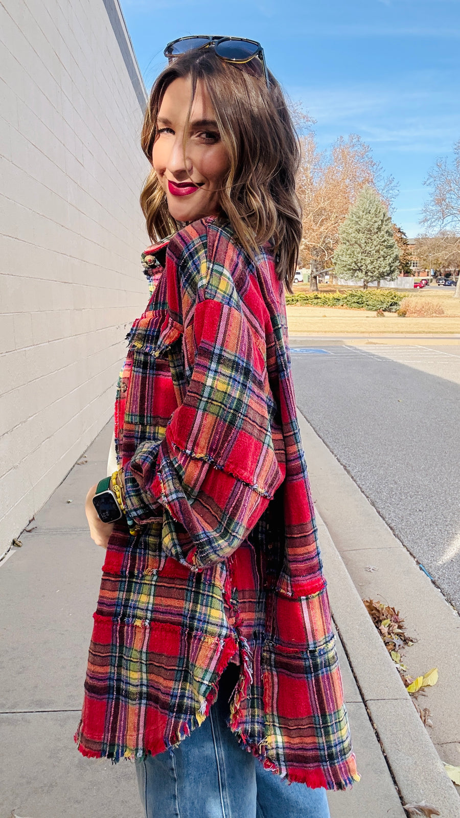 Flannel Season Oversized Raw Seam Top- Red Combo