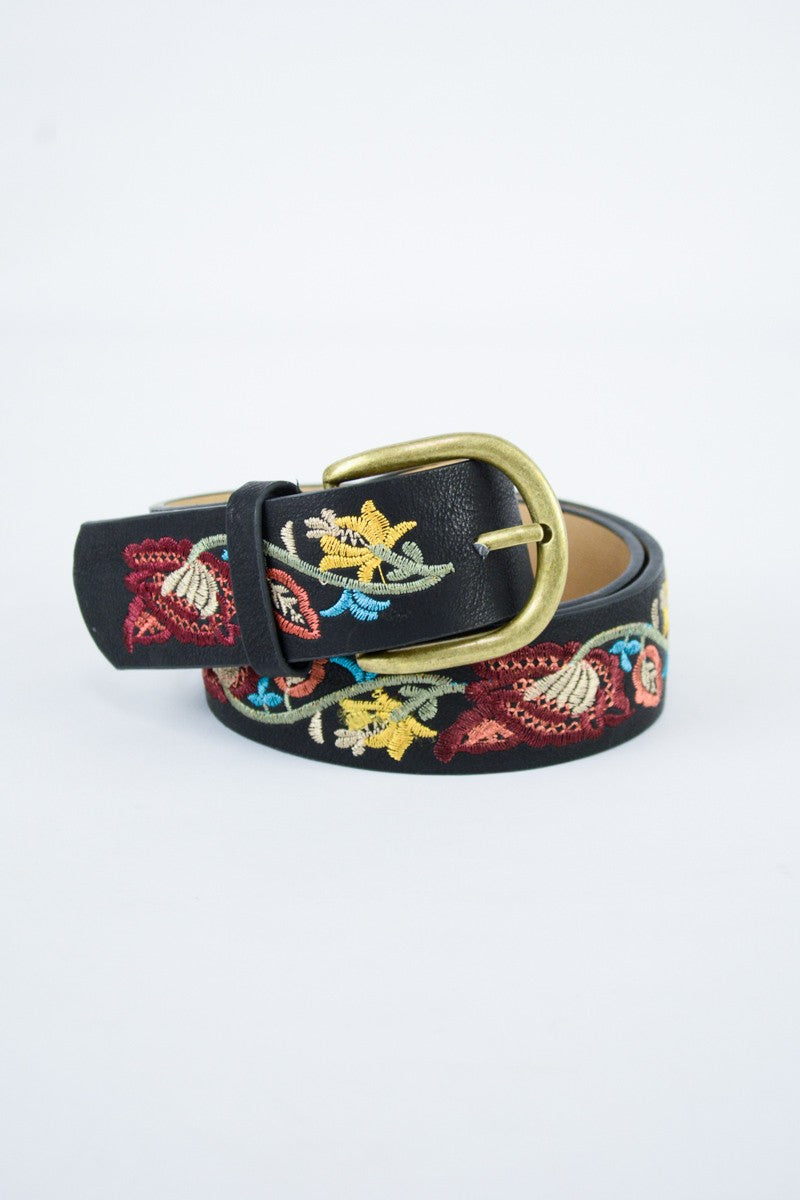 Floral Embroidered Statement Belt- Black