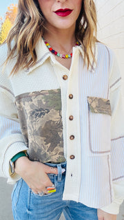 Camo and Stripe Patchwork Waffle Knit Top