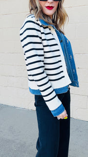 Denim and Striped Mixed Material Jacket