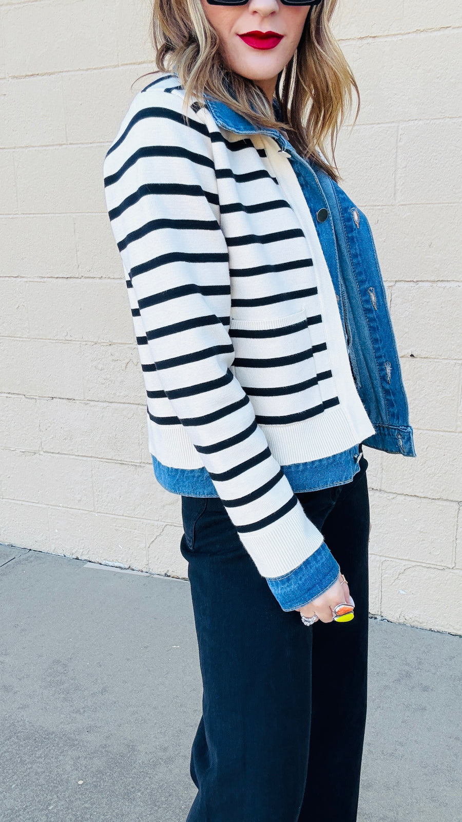 Denim and Striped Mixed Material Jacket