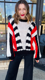 Tyra Chunky Knit Striped Sweater- Red & Black