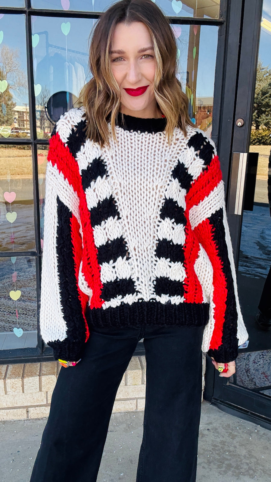 Tyra Chunky Knit Striped Sweater- Red & Black