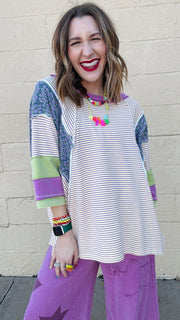 Floral & Stripe Color-Block 3/4 Sleeve Top