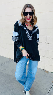 Cozy Fall Pattern Block Distressed Pullover- Black Combo