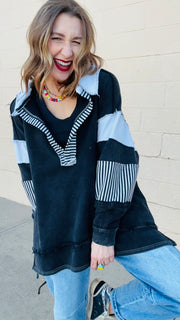 Cozy Fall Pattern Block Distressed Pullover- Black Combo