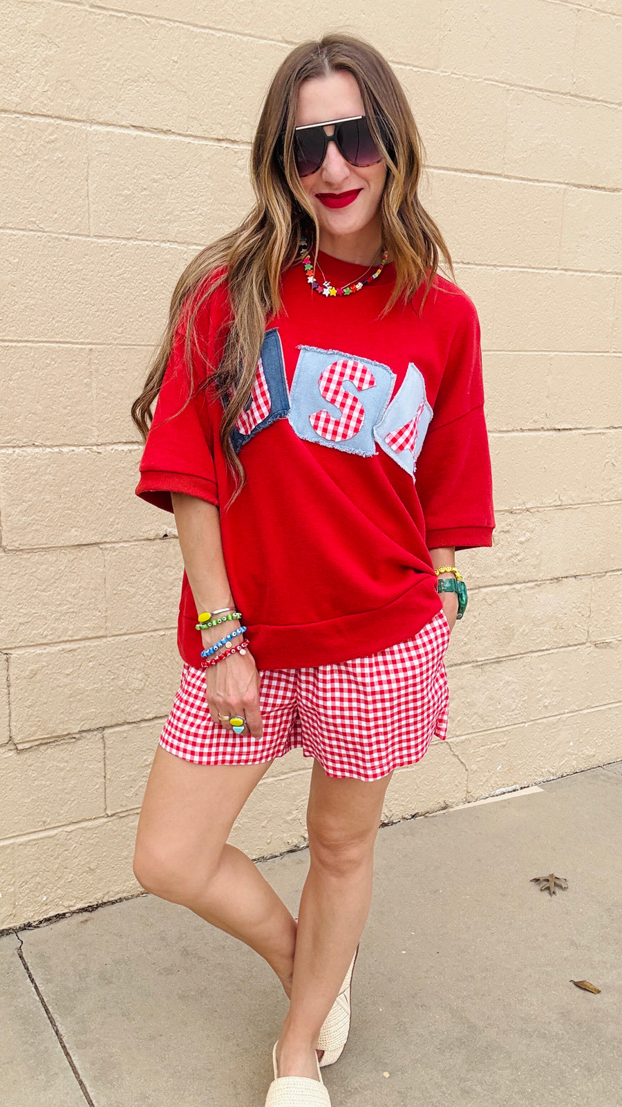 Gingham Breeze Shorts-Red & White