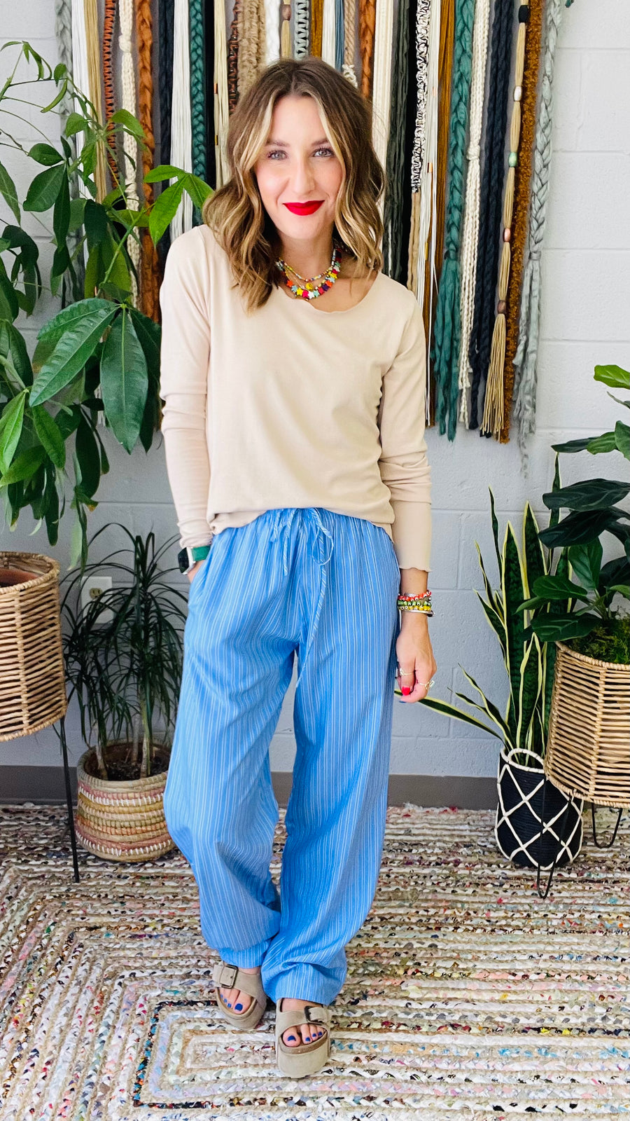 Elanor Striped Relaxed Fit Pants- Blue Mix