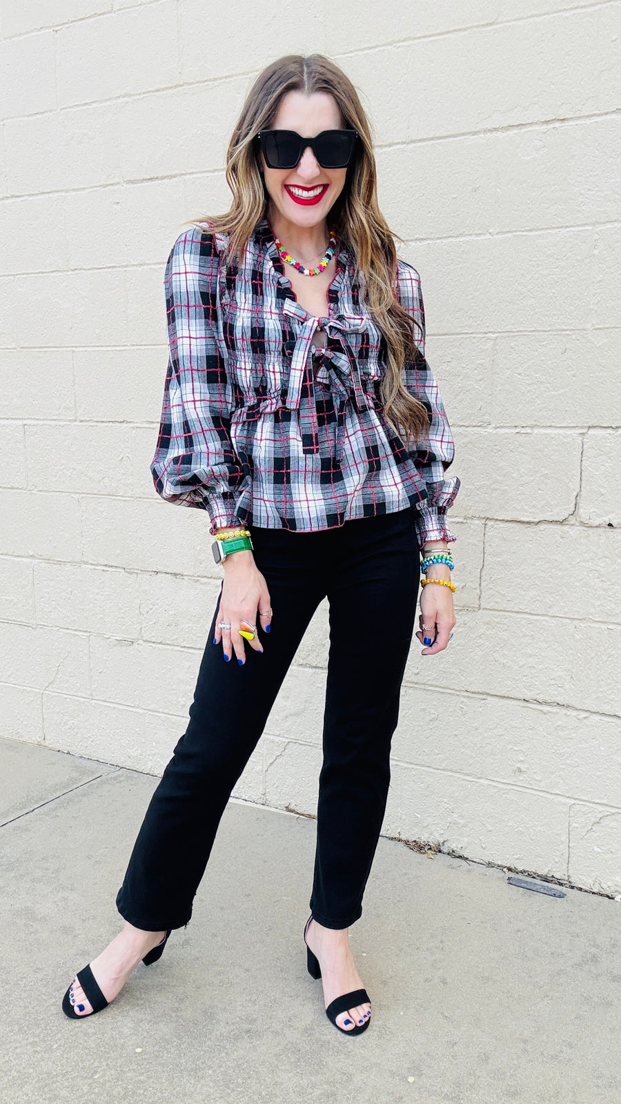 Lyla Plaid V-Neck Front Tie Top - Red & Black