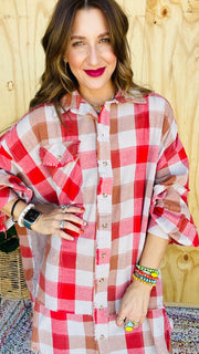 Hayride Honey Plaid Oversized Flannel Dress- Red or Brown Mix