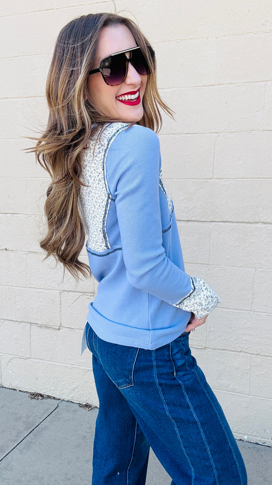 Janey Waffle Knit Floral Detail Top- Evening Blue