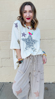 Superstar Distressed Patchwork Wide Leg Pants - Latte