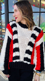 Tyra Chunky Knit Striped Sweater- Red & Black