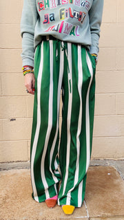 Satin Stroll Striped Wide Leg Pants- Green