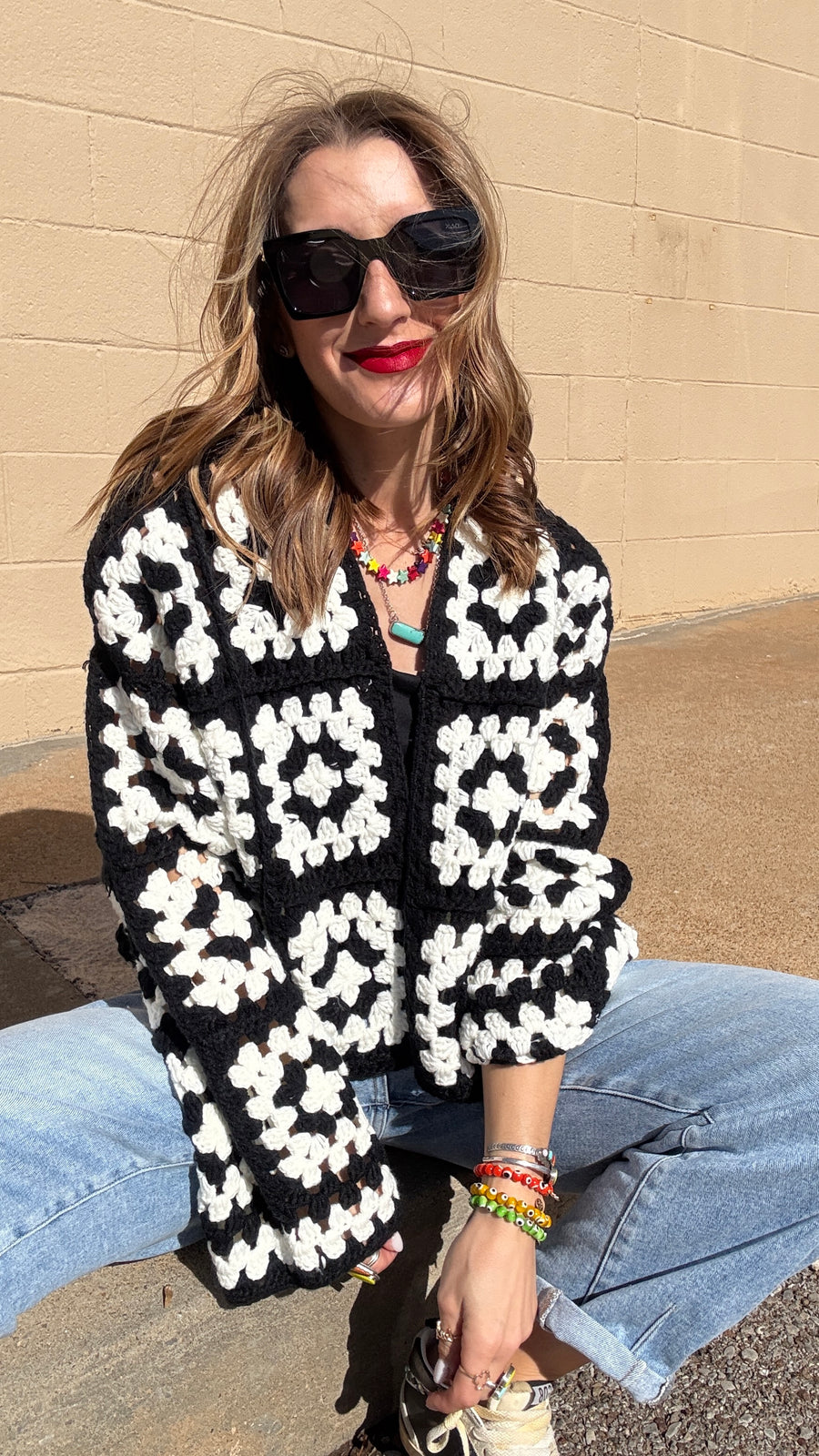 Anna Black & White Crochet Cropped Cardigan