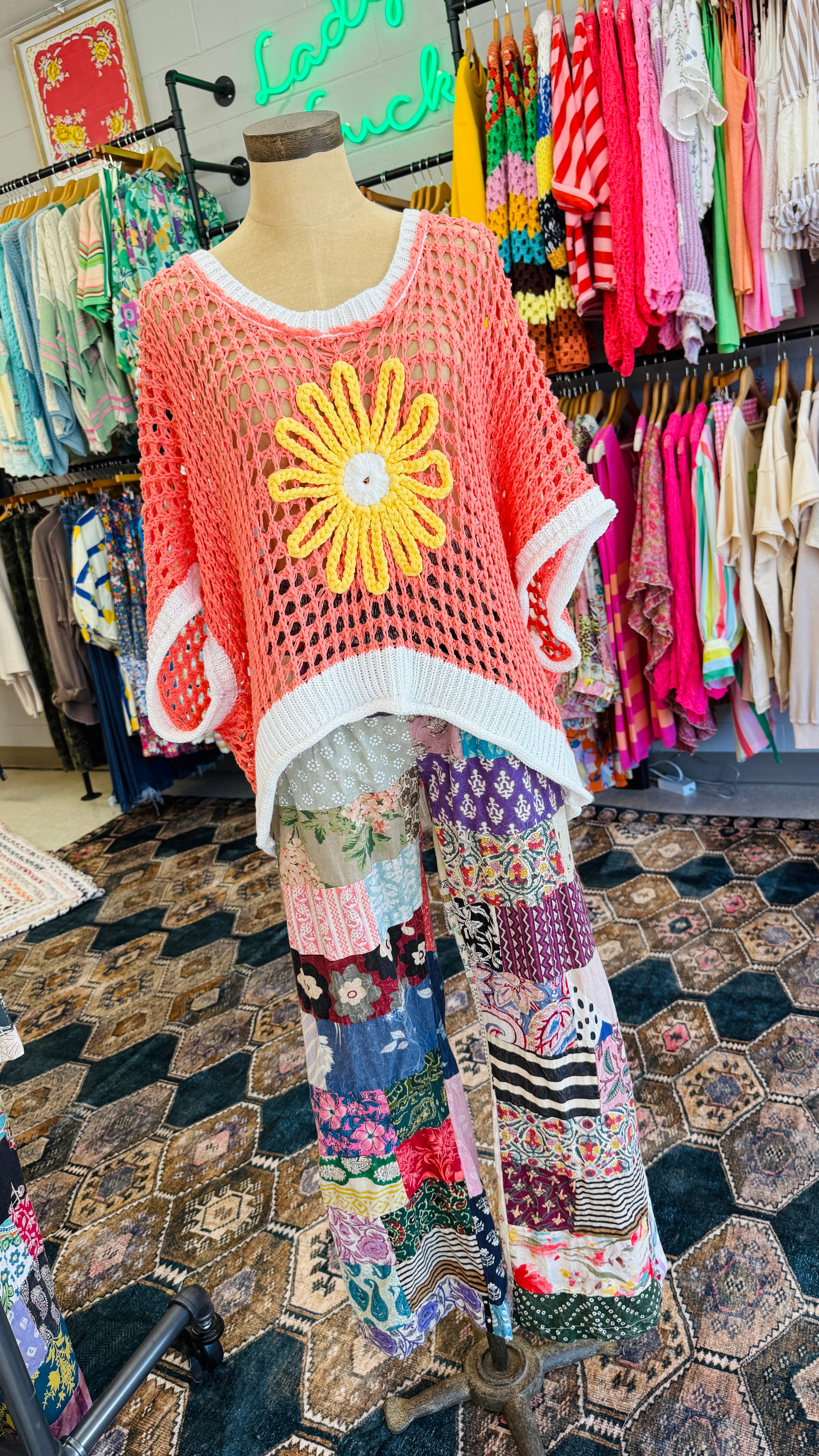 Sunflower Breeze Crochet Sweater-Coral