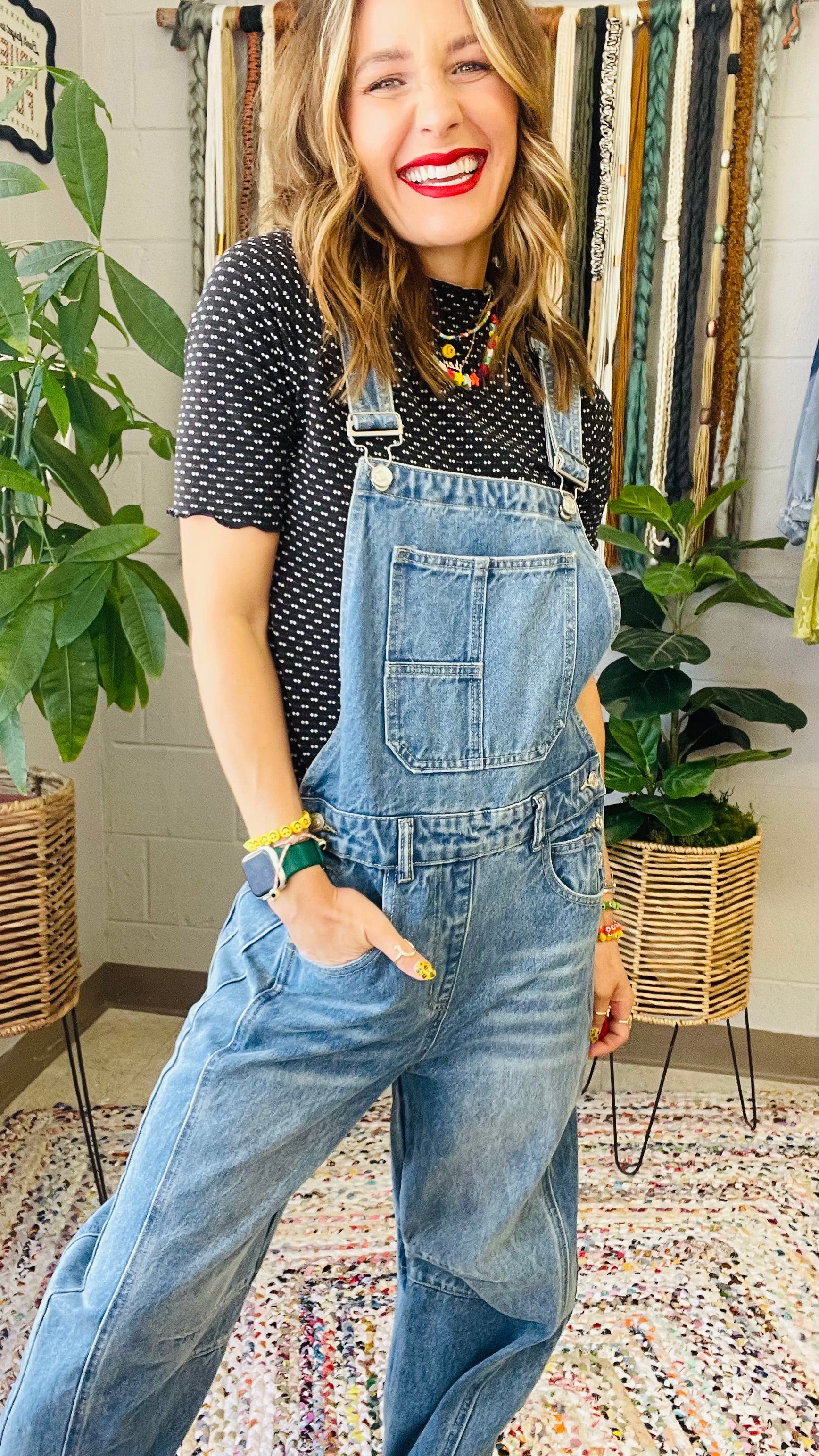 Barrel Leg Denim Overalls- Medium Wash