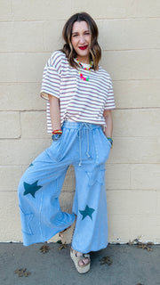 Superstar Distressed Patchwork Wide Leg Pants- Washed Denim