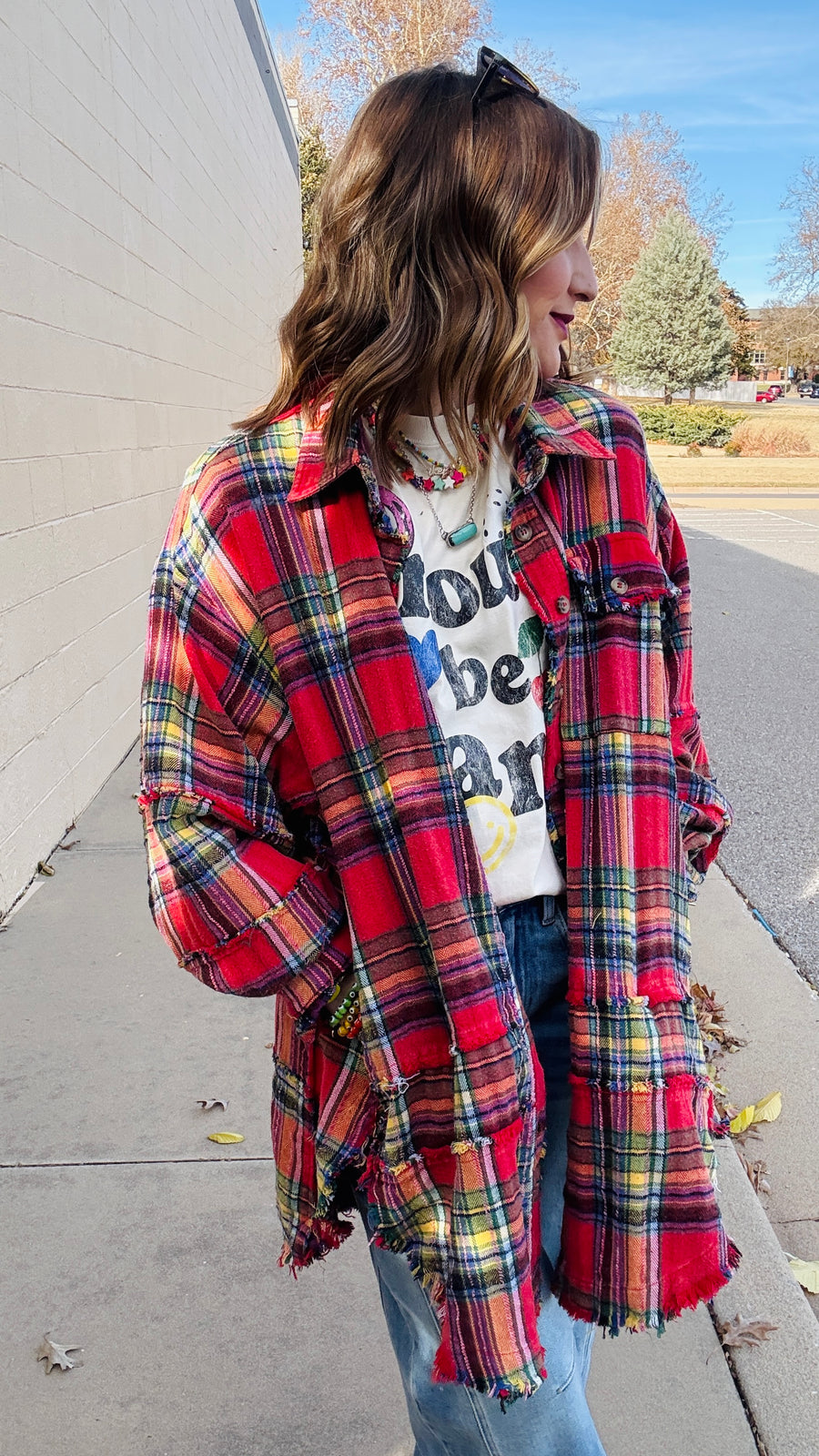 Flannel Season Oversized Raw Seam Top- Red Combo