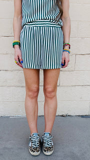 Chic Striped Textured Shorts - Green & White