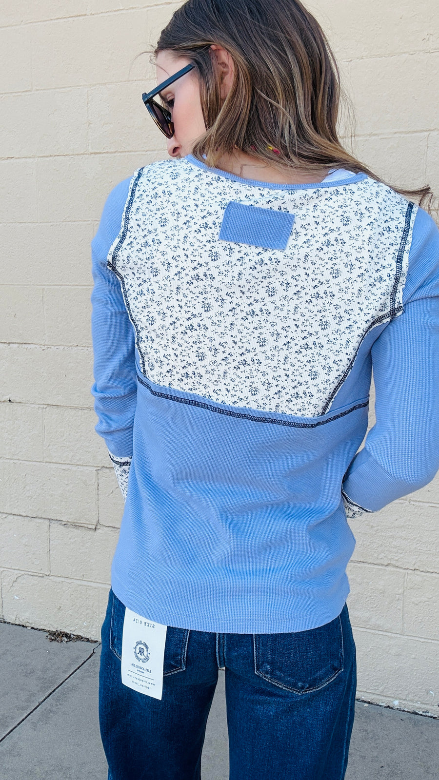 Janey Waffle Knit Floral Detail Top- Evening Blue