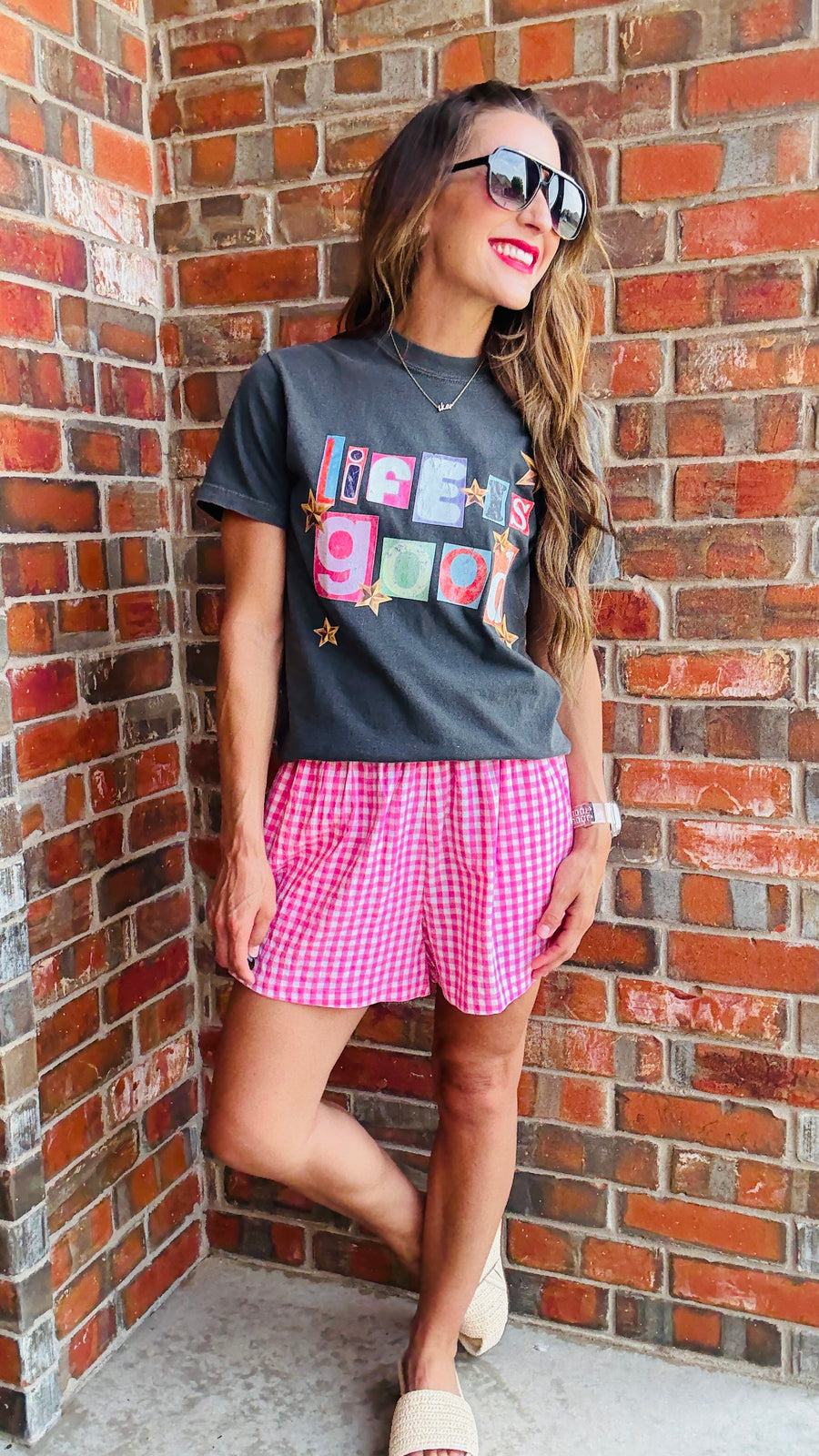 Gingham Breeze Shorts-Pink & White