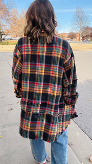 Flannel Season Oversized Raw Seam Top- Black Combo