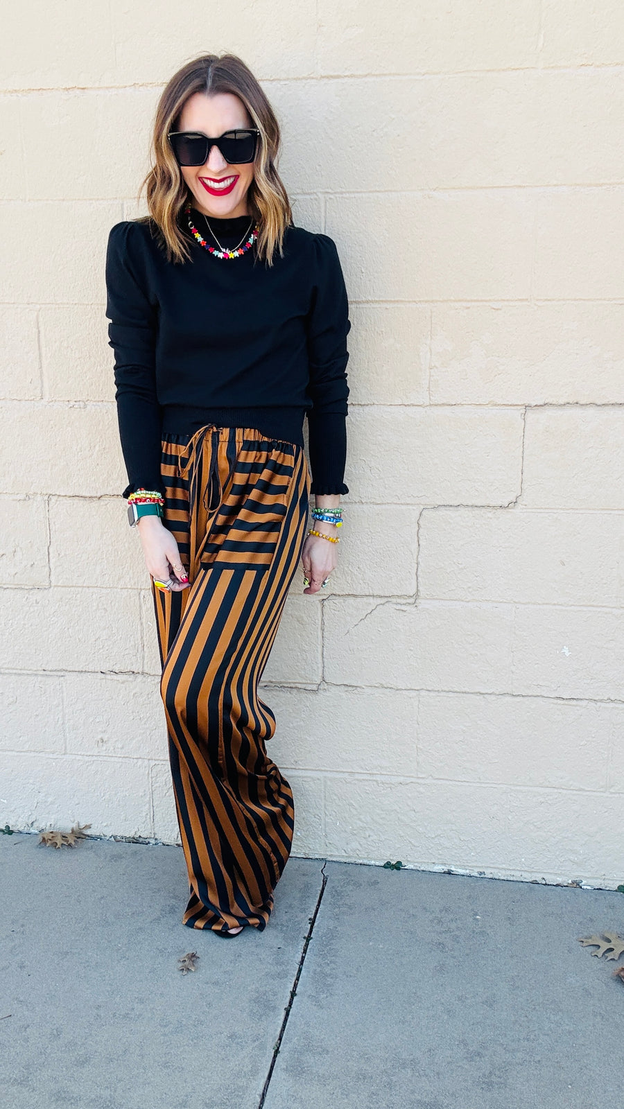 Black & Camel Striped Satin Pants