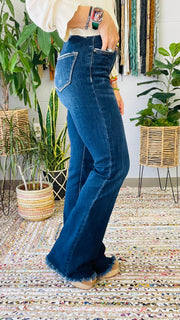 High Rise Vintage Frayed Hem Flare Jeans- Dark Wash