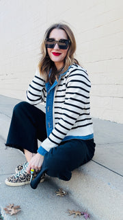 Denim and Striped Mixed Material Jacket