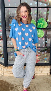 Gimmie Love Heart Stamped Oversized Tee- Blue