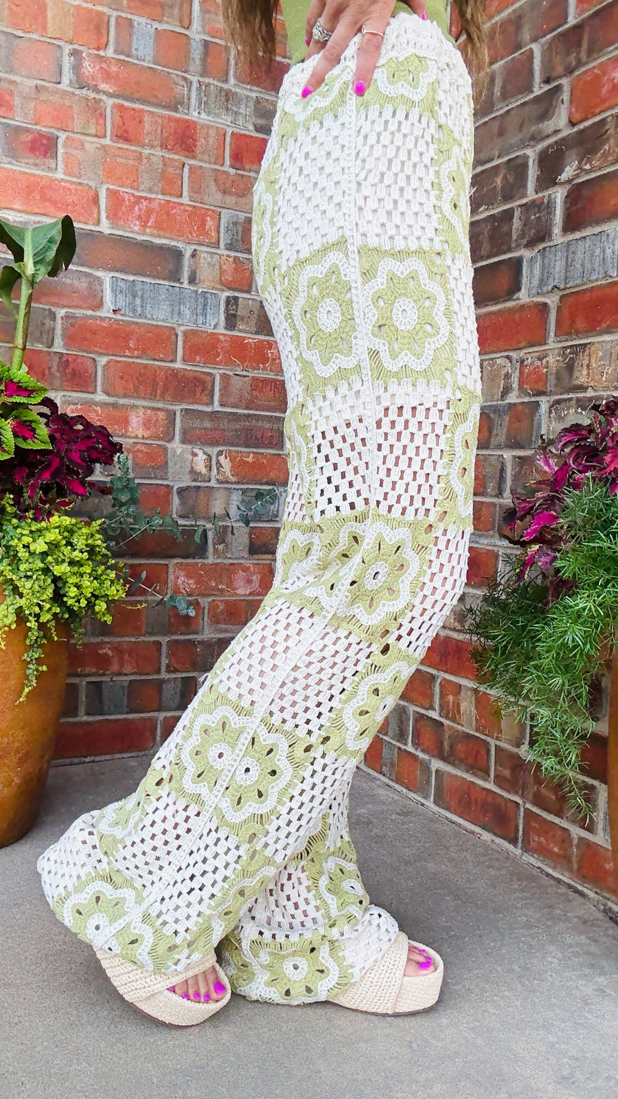 Retro Blossom Pants-Natural & Green