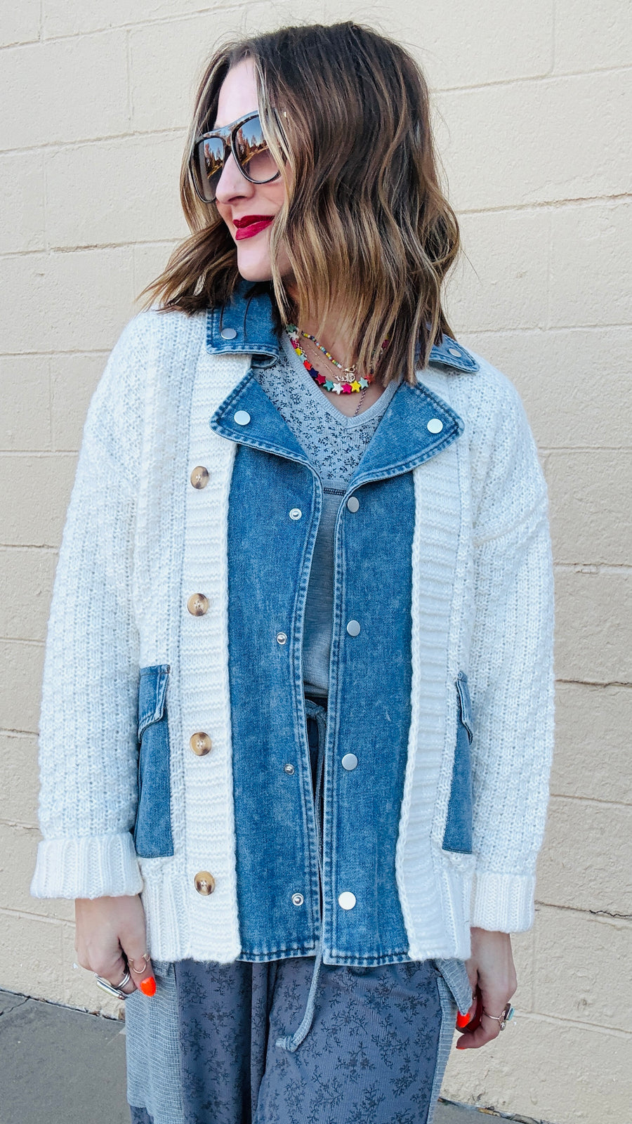 Cozy Contrast Knit Denim Accent Jacket- Cream