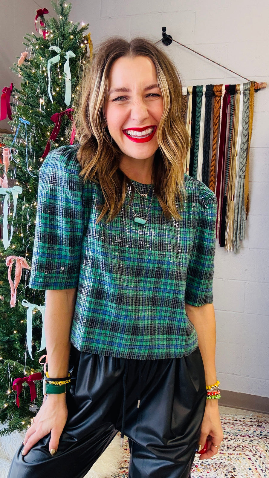 Jingle Bell Rock Sequins Plaid Top- Hunter Green Mix