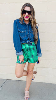 Polka Dot Perfection Satin Shorts - Green